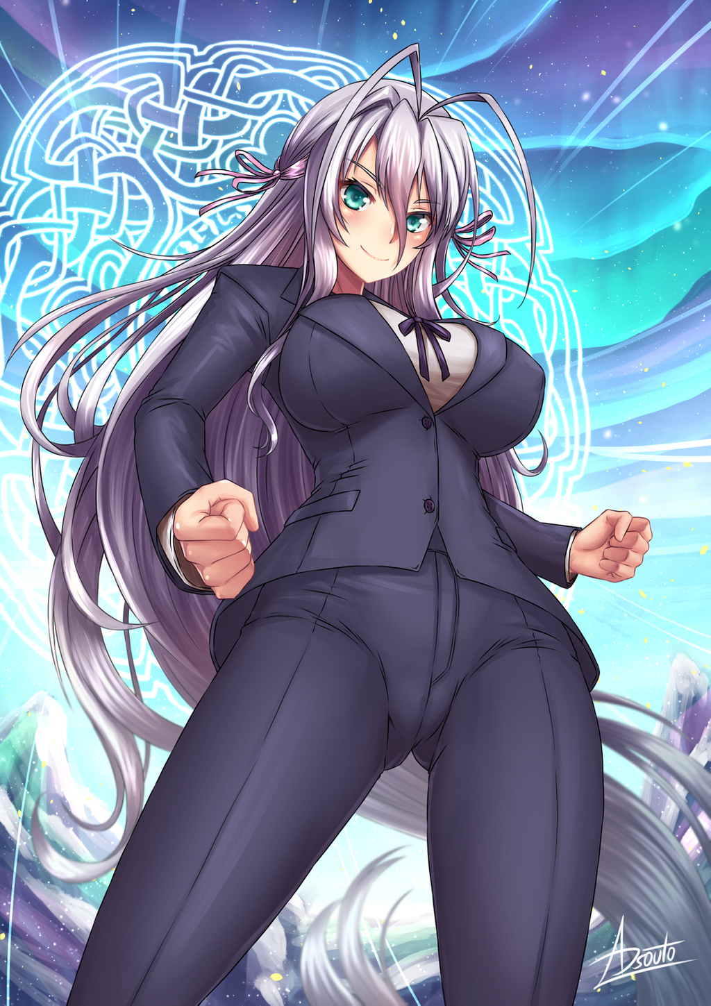 1girl adsouto antenna_hair aqua_eyes blue_eyes breasts business_suit formal hair_ribbon high_school_dxd highres large_breasts long_hair looking_at_viewer pant_suit pants ribbon rossweisse silver_hair smile suit thigh-highs very_long_hair