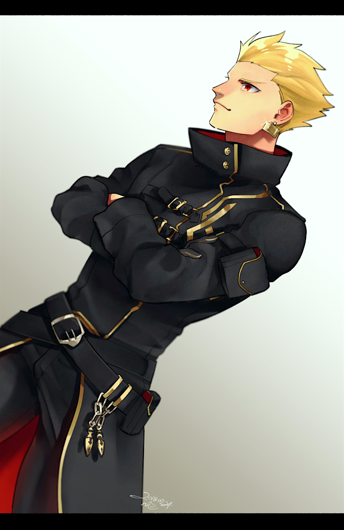 1boy black_jacket blonde_hair crossed_arms dutch_angle earrings fate/grand_order fate_(series) gilgamesh hair_up high_collar jacket jewelry long_coat male_focus nishiyama_(whatsoy) red_eyes smile solo trench_coat