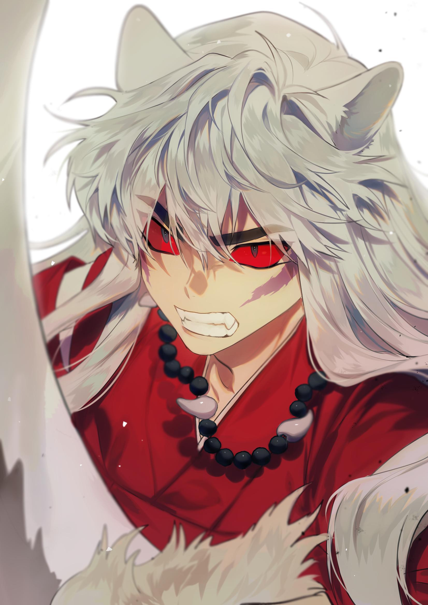 1boy animal_ears beads black_eyes clenched_teeth dog_ears eyebrows_visible_through_hair fangs highres inuyasha inuyasha_(character) long_hair looking_away male_focus mgmg_1012 red_sclera shaded_face simple_background solo teeth tetsusaiga upper_body white_background