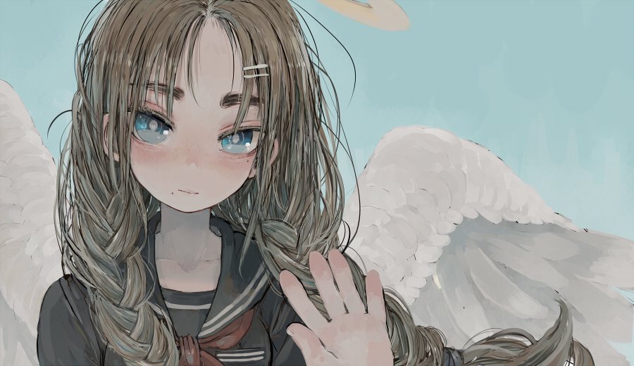 1girl angel_wings bangs black_sailor_collar black_serafuku black_shirt blonde_hair blue_background blue_eyes braid closed_mouth ebimomo feathered_wings hair_ornament hairclip halo hand_up light_smile long_hair looking_at_viewer mole mole_under_mouth neckerchief original parted_bangs red_neckwear sailor_collar school_uniform serafuku shirt simple_background solo thick_eyebrows twin_braids white_wings wings