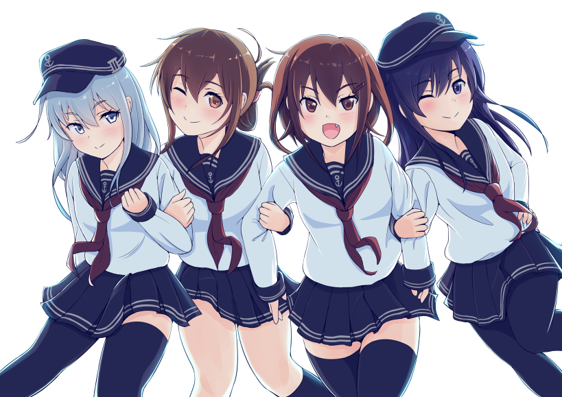 akatsuki_(kantai_collection) anchor_symbol black_hair black_legwear blue_eyes brown_eyes brown_hair fang flat_cap folded_ponytail hat hibiki_(kantai_collection) hiyama_izumi_(wttdh) ikazuchi_(kantai_collection) inazuma_(kantai_collection) kantai_collection long_hair long_sleeves pantyhose school_uniform serafuku short_hair smile socks thigh-highs violet_eyes white_hair zettai_ryouiki