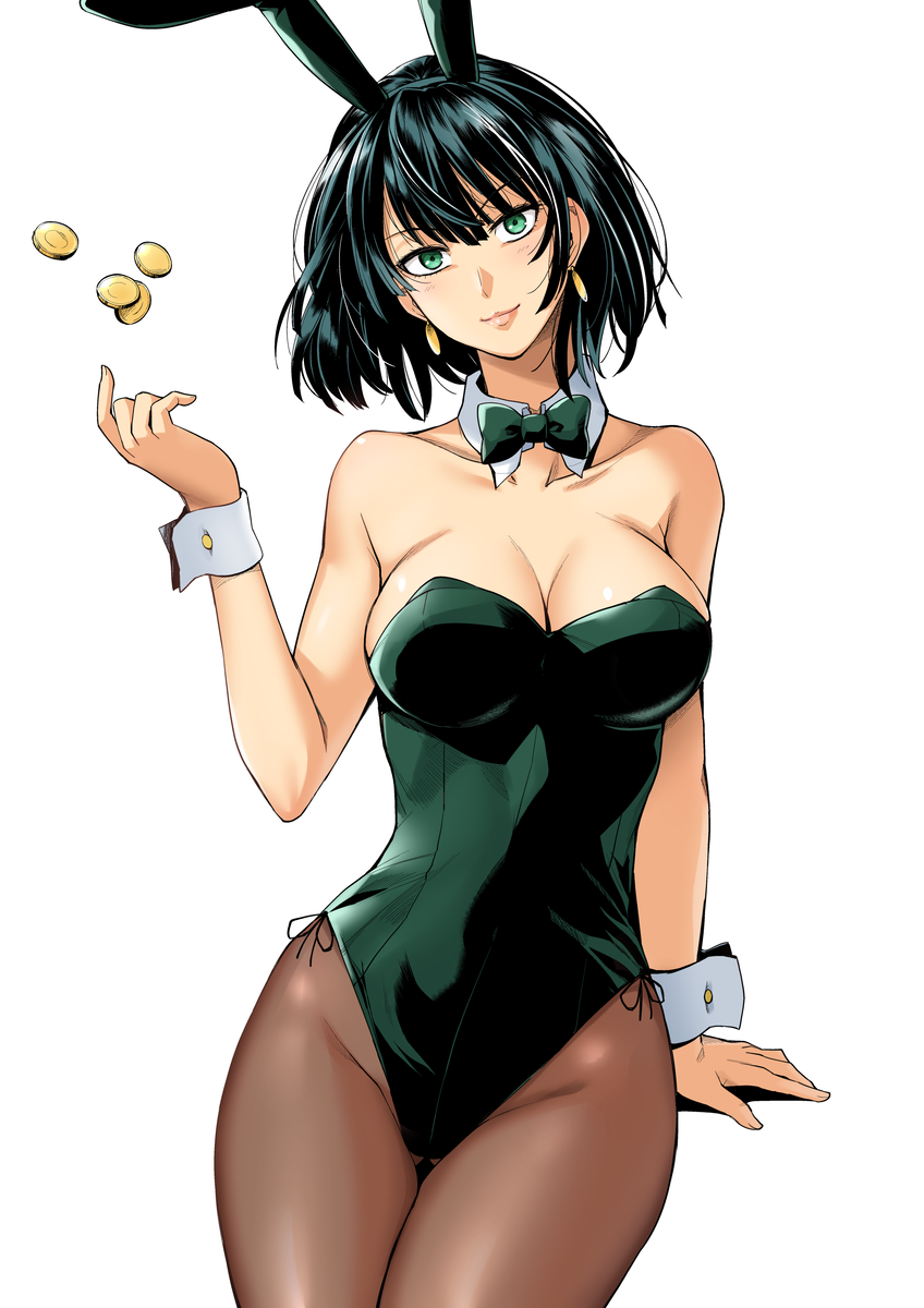 1girl animal_ears black_hair bow bowtie breasts brown_legwear bunny_tail bunnysuit coin detached_collar fubuki_(one-punch_man) green_eyes green_leotard green_neckwear haruhisky highres large_breasts leotard looking_at_viewer one-punch_man pantyhose rabbit_ears short_hair simple_background solo strapless strapless_leotard tail white_background