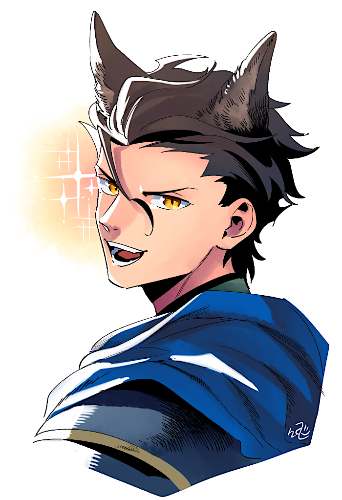 1boy animal_ears black_hair diarmuid_ua_duibhne_(fate/grand_order) dog_ears fate/grand_order fate_(series) hair_between_eyes kemonomimi_mode looking_at_viewer looking_back male_focus mole mole_under_eye nishiyama_(whatsoy) solo sparkle yellow_eyes