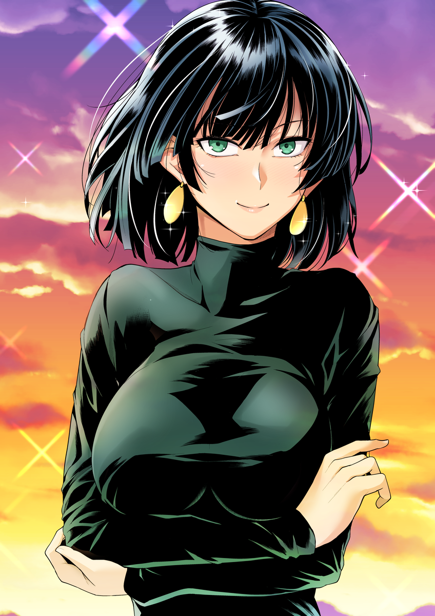 1girl arms_under_breasts black_hair collarbone earrings fubuki_(one-punch_man) green_eyes haruhisky highres jewelry one-punch_man short_hair smile solo wind