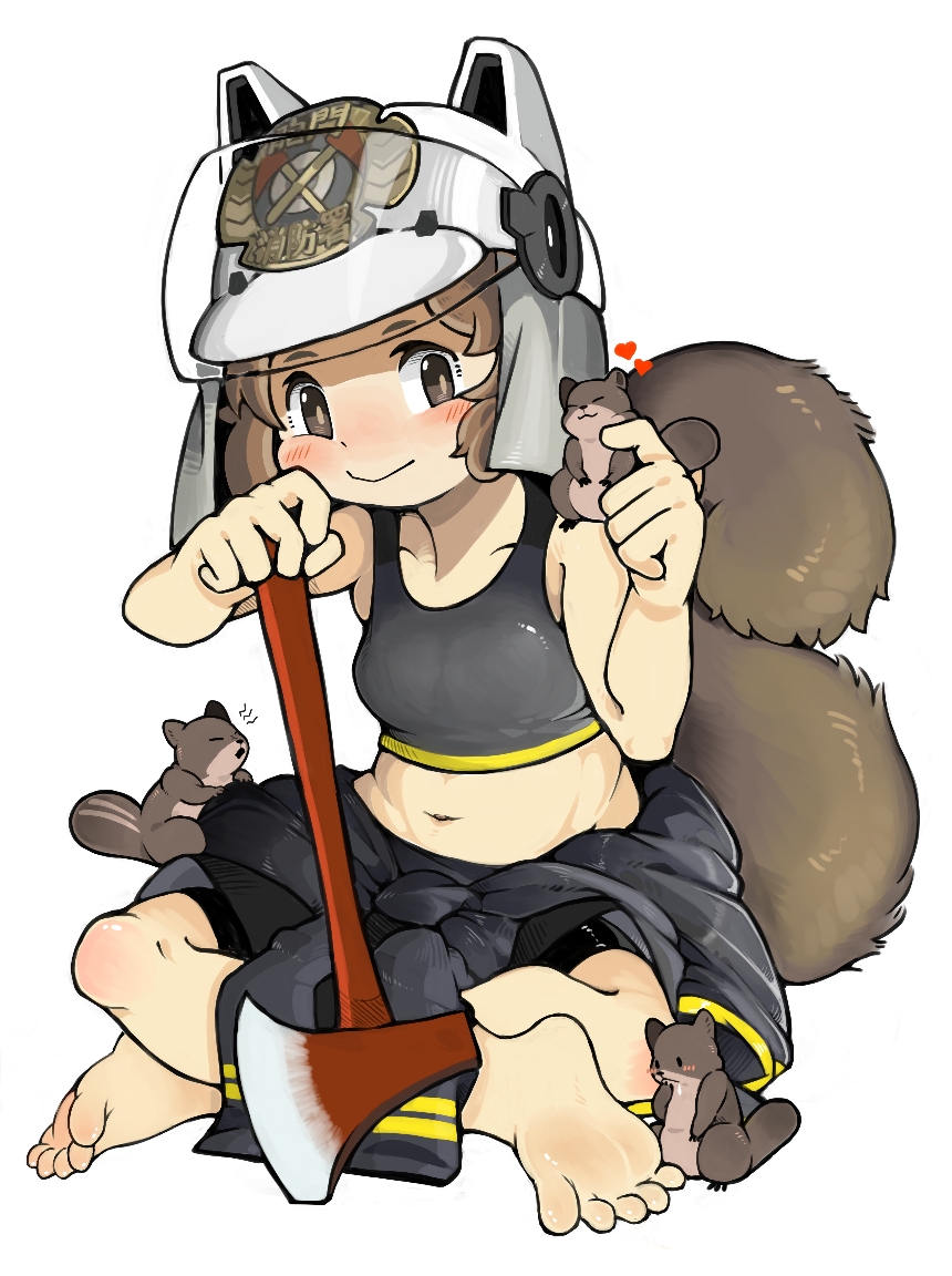 1girl arknights barefoot bike_shorts brown_eyes brown_hair cheek_squash chinese_commentary commentary_request feet fire_axe helmet indian_style menla midriff navel shaw_(arknights) sitting soles sports_bra squirrel squirrel_tail tail white_background