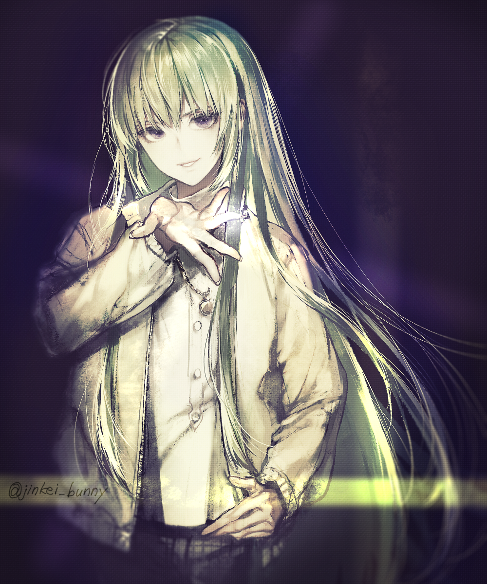 1boy androgynous casual contemporary enkidu_(fate/strange_fake) fate/strange_fake fate_(series) green_hair highres jewelry kingu_(fate) koshika_rina male_focus necklace solo violet_eyes
