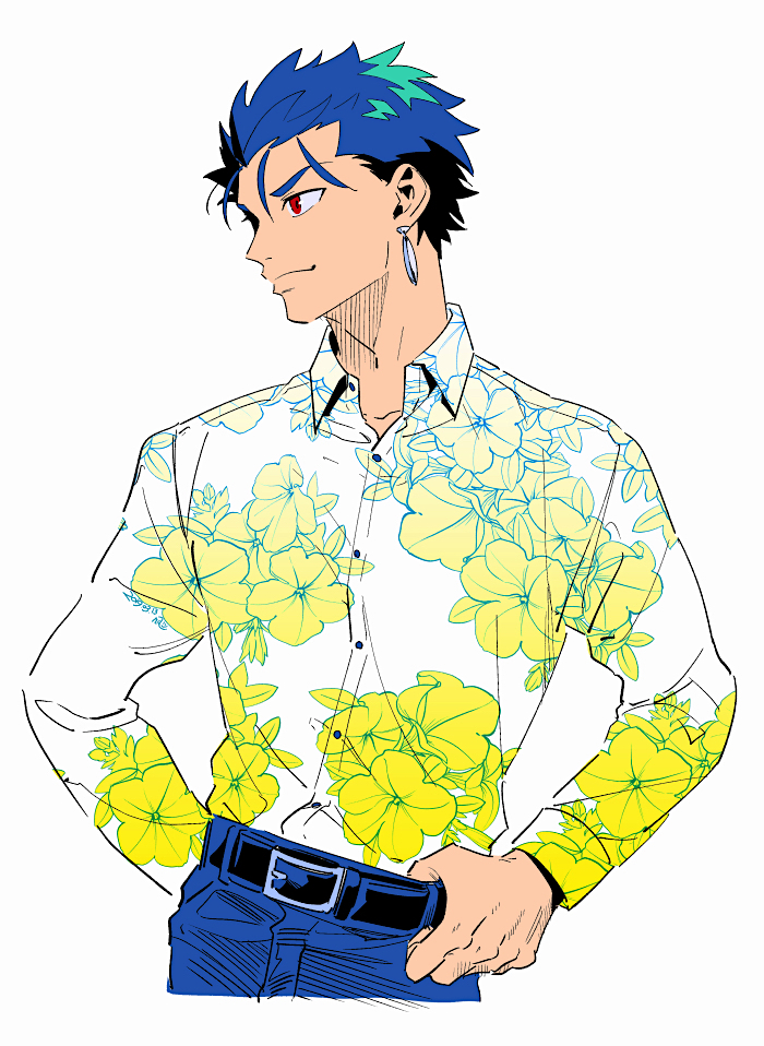 1boy adjusting_belt alternate_costume blue_hair casual cu_chulainn_(fate)_(all) denim dress_shirt earrings fate/stay_night fate_(series) floral_print jeans jewelry lancer long_sleeves male_focus nishiyama_(whatsoy) pants red_eyes shirt short_hair solo