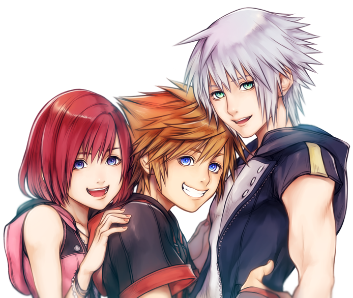 1girl 2boys blue_eyes brown_hair commentary_request green_eyes jewelry kairi_(kingdom_hearts) kingdom_hearts kingdom_hearts_iii looking_at_viewer medium_hair mim_(mimya0600) multiple_boys open_mouth redhead riku silver_hair simple_background smile sora_(kingdom_hearts) spiky_hair white_background