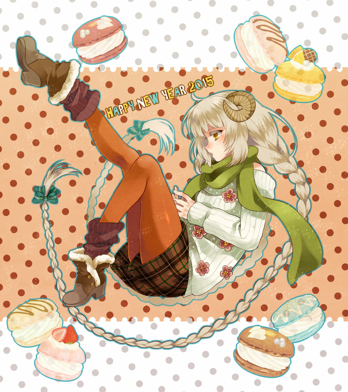 1girl bare_shoulders boots braid brown_eyes commentary_request dotted_background food green_scarf happy_new_year horns irouha leg_up long_braid long_hair macaron new_year orange_legwear original platinum_blonde_hair scarf sheep_horns skirt socks sweater