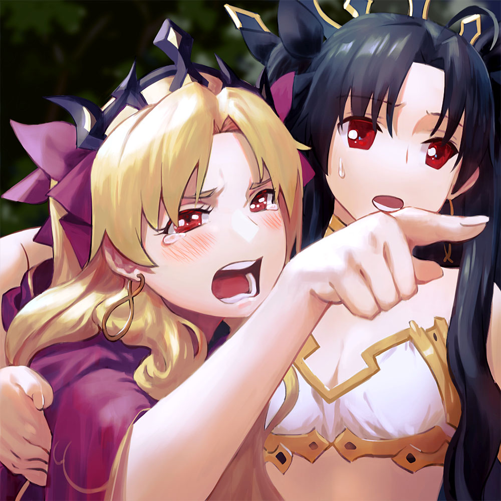 2girls black_hair blonde_hair commentary commentary_request earrings ereshkigal_(fate/grand_order) fate/grand_order fate_(series) hair_ornament hair_ribbon ishtar_(fate)_(all) ishtar_(fate/grand_order) jewelry kyou-chan long_hair meme multiple_girls open_mouth red_eyes ribbon siblings sisters twintails woman_yelling_at_cat