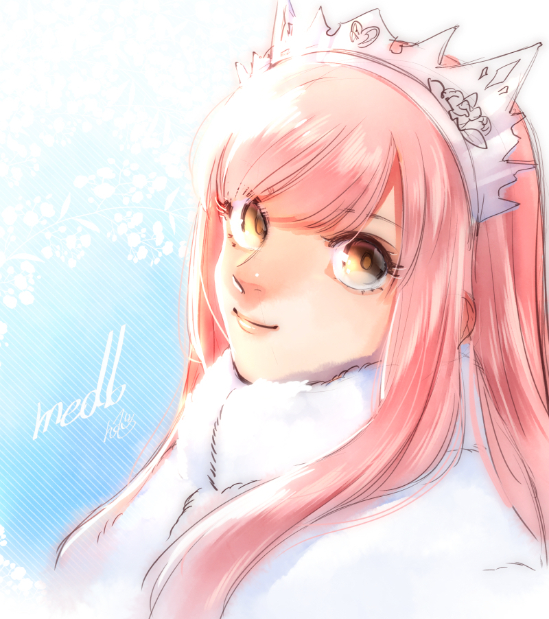 1girl bangs character_name fate/grand_order fate_(series) fur_coat fur_collar long_hair looking_at_viewer medb_(fate)_(all) medb_(fate/grand_order) nishiyama_(whatsoy) pink_hair smile solo tiara yellow_eyes