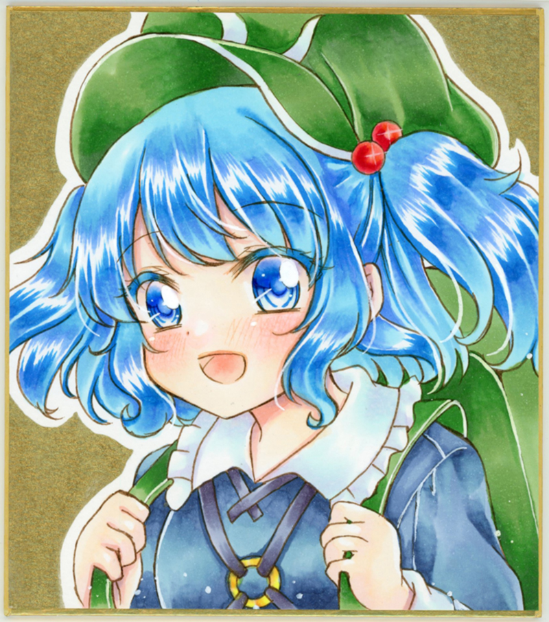 1girl backpack bag bangs blue_eyes blue_hair blue_shirt blush collared_shirt eyebrows_visible_through_hair frilled_shirt_collar frills graphite_(medium) green_headwear hair_between_eyes hair_bobbles hair_ornament hat kawashiro_nitori looking_at_viewer nekofish666 open_mouth shirt sidelocks solo touhou traditional_media two_side_up