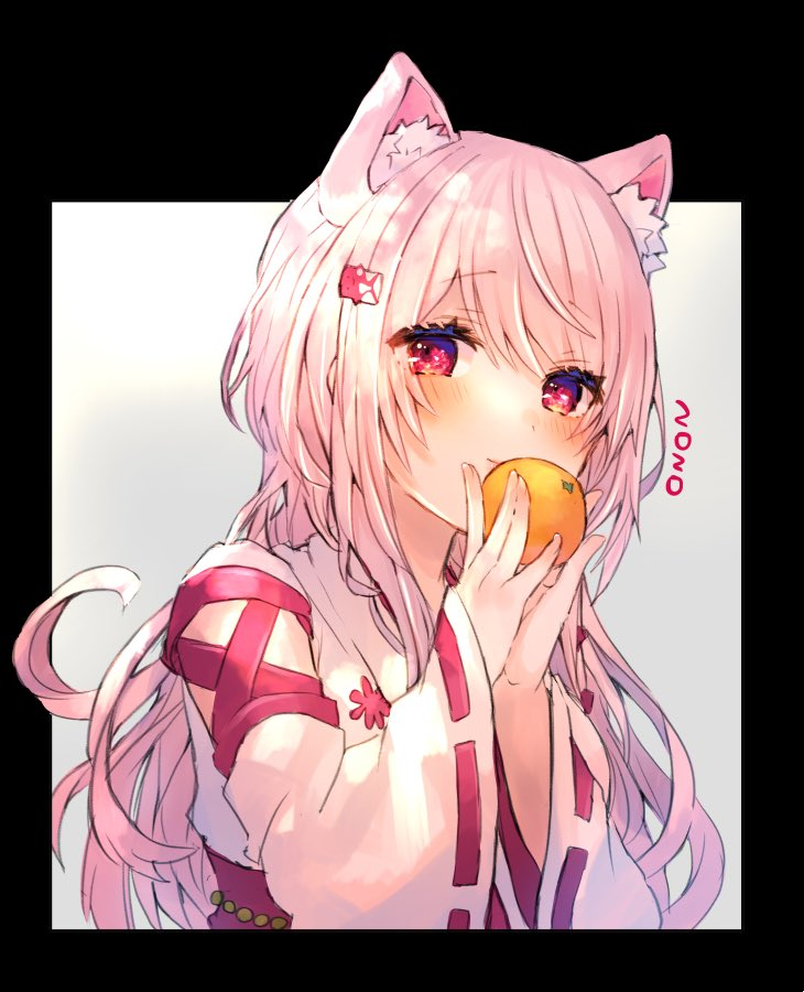 1girl animal_ear_fluff animal_ears bangs blush cat_ears eyebrows_visible_through_hair food hair_between_eyes hair_ornament hairclip hands_up holding holding_food japanese_clothes kemonomimi_mode kimono long_hair long_sleeves nijisanji pink_hair red_eyes ribbon-trimmed_sleeves ribbon_trim shiina_yuika shikino_yuki sleeves_past_wrists solo upper_body virtual_youtuber white_kimono wide_sleeves