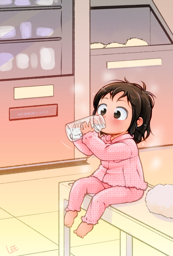 1girl after_bath artist_name bangs barefoot bottle brown_eyes brown_hair child drinking full_body hands_up indoors lee_(colt) long_sleeves medium_hair messy_hair milk milk_bottle original pajamas pink_pajamas polka_dot_pajamas sitting sitting_on_table solo steam steaming_body towel wide-eyed