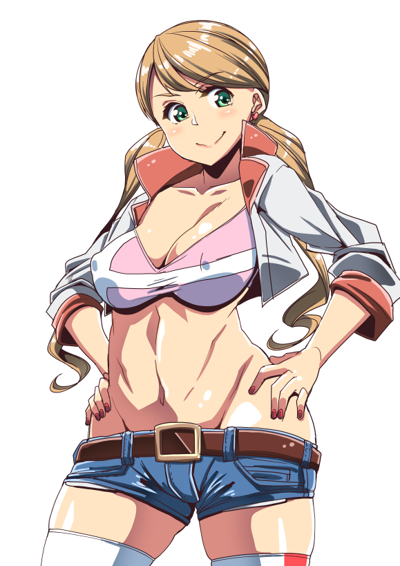 1girl belt brown_hair commentary_request covered_nipples cropped_jacket earrings green_eyes gundam gundam_tekketsu_no_orphans hands_on_hips jewelry lafter_frankland satsuki_imonet short_shorts shorts smile sports_bra thigh-highs twintails white_background