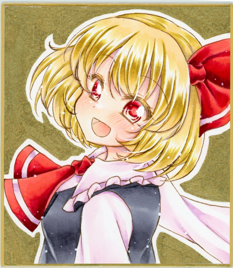 1girl black_vest blonde_hair blush bow collared_blouse eyebrows_visible_through_hair graphite_(medium) hair_between_eyes hair_bow long_sleeves looking_at_viewer looking_to_the_side neckerchief nekofish666 open_mouth outstretched_arms red_bow red_eyes red_neckwear rumia short_hair solo spread_arms touhou traditional_media vest