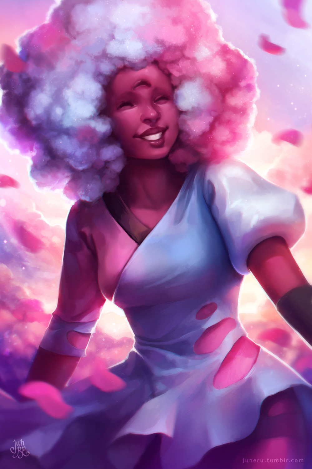 1girl afro commentary english_commentary garnet happy highres juneru medium_hair signature smile solo steven_universe third_eye