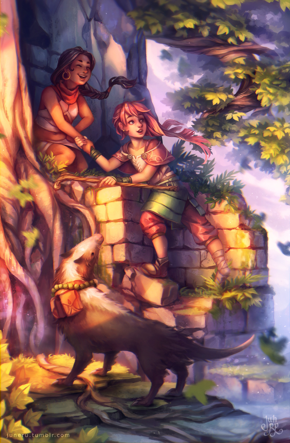 2girls bag bangs black_hair braid commentary day earrings english_commentary flat_chest full_body happy highres jewelry juneru long_hair multiple_girls original outdoors pink_hair shoes signature tree watermark web_address