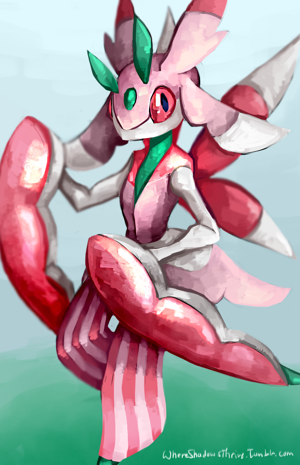 commentary creature defiant_drills english_commentary full_body gen_7_pokemon gradient gradient_background green_background highres lurantis no_humans pokemon pokemon_(creature) red_eyes solo standing standing_on_one_leg tumblr_username watermark web_address white_background