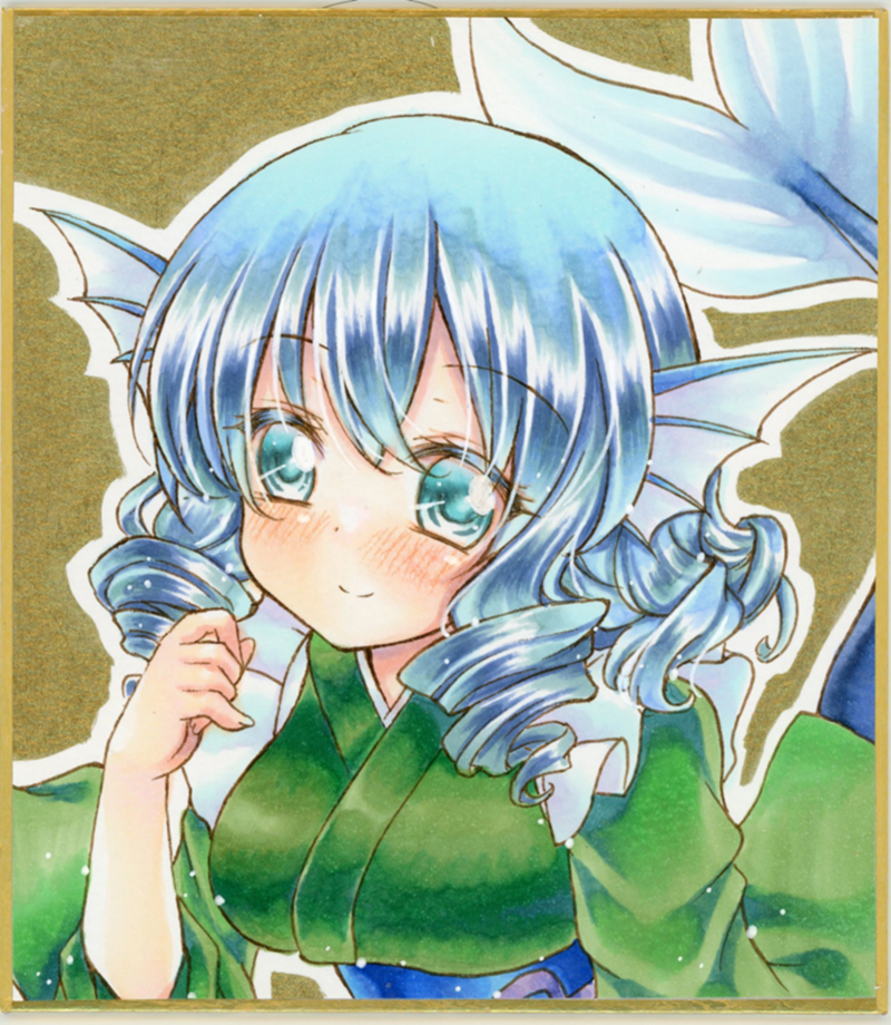 1girl bangs blue_eyes blue_hair blush drill_hair drill_locks eyebrows_visible_through_hair fish_tail graphite_(medium) green_kimono hair_between_eyes head_fins japanese_clothes kimono long_sleeves looking_at_viewer mermaid monster_girl nekofish666 sash sidelocks smile solo tail touhou traditional_media twin_drills wakasagihime wide_sleeves