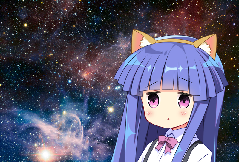 1girl :&lt; animal_ear_fluff animal_ears bangs blue_hair blunt_bangs bow brown_hairband cat_ears collared_shirt dress_shirt eyebrows_visible_through_hair fake_animal_ears furude_rika gaou hairband higurashi_no_naku_koro_ni long_hair parted_lips pink_bow pink_eyes shirt solo space star_(sky) suspenders triangle_mouth upper_body white_shirt