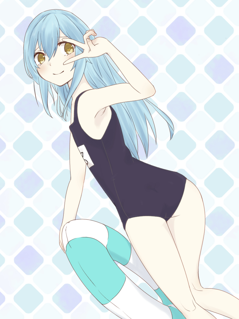 1girl ass bangs blue_hair blue_swimsuit closed_mouth dutch_angle flat_chest fu_ku1_437 grey_background hair_between_eyes innertube long_hair looking_at_viewer rimuru_tempest school_swimsuit shiny shiny_hair smile solo straight_hair swimsuit tensei_shitara_slime_datta_ken v_over_eye very_long_hair yellow_eyes