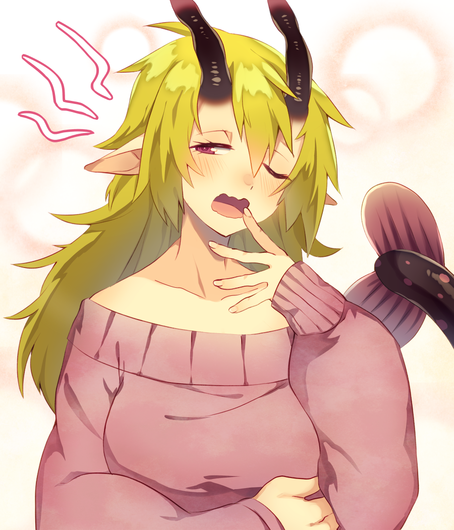 1girl bangs bare_shoulders blonde_hair blush brown_sweater collarbone commission dragon_girl dragon_horns dragon_tail hair_between_eyes half-closed_eye hand_up horns long_hair long_sleeves looking_at_viewer numbers_(boars) off-shoulder_sweater off_shoulder one_eye_closed open_mouth original pointy_ears puffy_long_sleeves puffy_sleeves sleepy sleeves_past_wrists solo sweater tail tail_raised upper_body wavy_mouth yawning