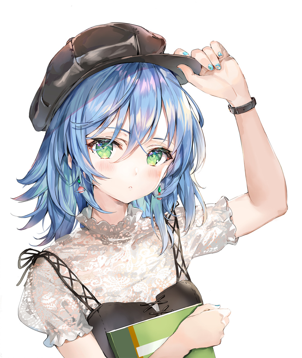 1girl bangs blue_hair blush casula earrings green_eyes hair_between_eyes hat jewelry looking_at_viewer medium_hair momoko_(momopoco) nail_polish notebook original short_sleeves solo upper_body watch watch white_background