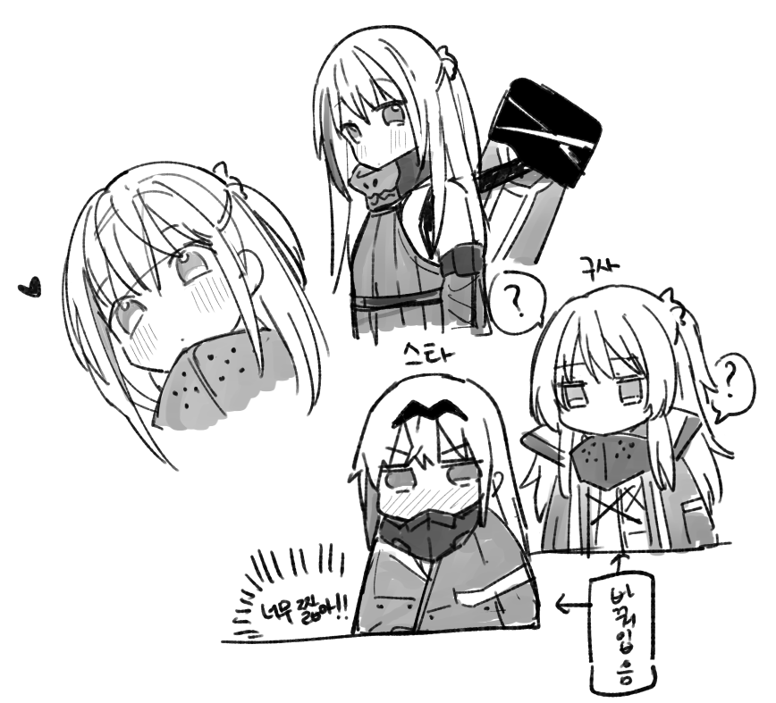 3girls ? an-94_(girls_frontline) bangs blush detached_sleeves embarrassed eyebrows_visible_through_hair girls_frontline greyscale hair_ornament hairband heart jacket long_hair long_sleeves m4a1_(girls_frontline) mask mask_removed mod3_(girls_frontline) monochrome multiple_girls st_ar-15_(girls_frontline) standing translation_request tsuka