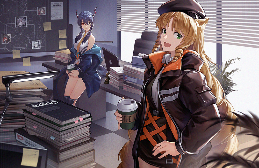 2girls arknights black_headwear black_jacket black_shorts blinds blonde_hair blue_hair blue_jacket book_stack ch'en_(arknights) chair coffee_cup cup desk disposable_cup drill_hair green_eyes holding holding_cup horns indoors jacket lamp long_sleeves looking_at_viewer low_twintails map masin0201 monitor multiple_girls necktie off-shoulder_jacket office_chair open_mouth plant red_eyes shirt shorts sleeveless sleeveless_shirt smile sticky_note swire_(arknights) tile_floor tiles tissue_box twintails white_shirt yellow_neckwear