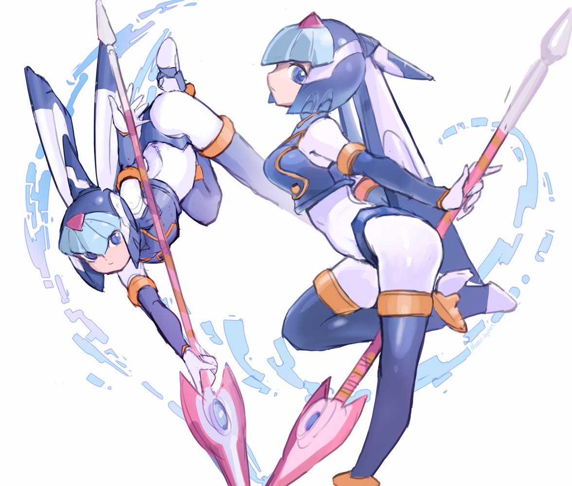 1girl android blue_eyes bodysuit boots breasts helmet high_heels holding holding_weapon leg_up leviathan_(rockman) medium_breasts multiple_views nemo_(leafnight) polearm profile rockman rockman_zero simple_background smile solo spear thigh-highs thigh_boots weapon