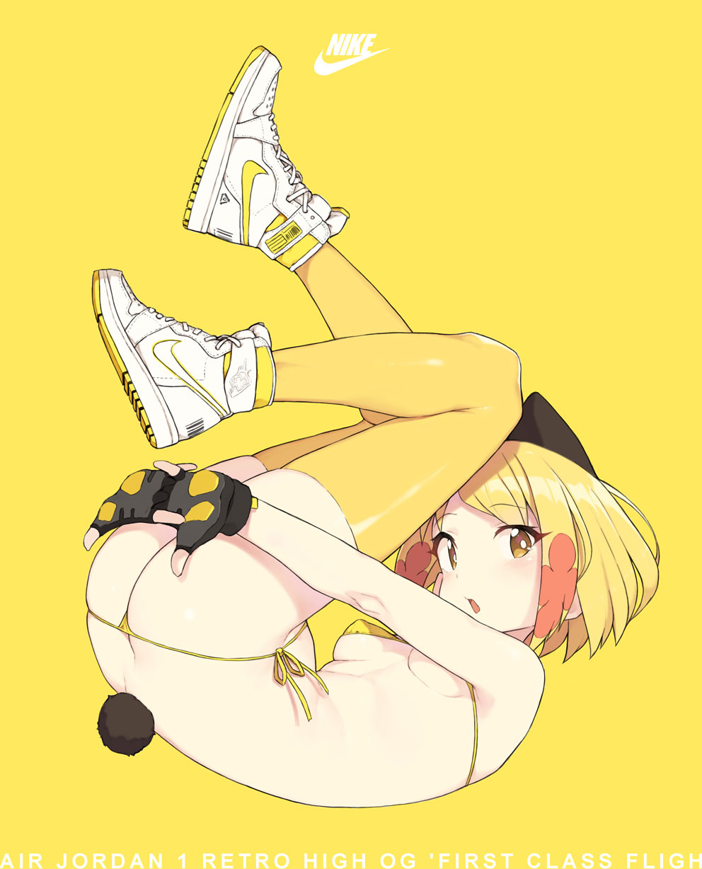 1girl air_jordan ass bikini blonde_girl_(cloba) blonde_hair breasts bunny_tail cloba commentary fingerless_gloves gloves highres looking_at_viewer nike original parted_lips shoes short_hair side-tie_bikini simple_background skindentation small_breasts sneakers solo string_bikini swimsuit tail thigh-highs yellow_background yellow_bikini yellow_eyes yellow_legwear