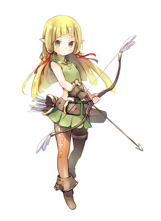 1girl arrow belt blonde_hair boots bow_(weapon) brown_footwear brown_gloves brown_legwear closed_mouth dress elf full_body gloves green_dress green_eyes hair_ribbon holding holding_bow_(weapon) holding_weapon kuga_tsukasa long_hair looking_at_viewer original pantyhose partly_fingerless_gloves pointy_ears quiver red_ribbon ribbon simple_background solo standing weapon white_background