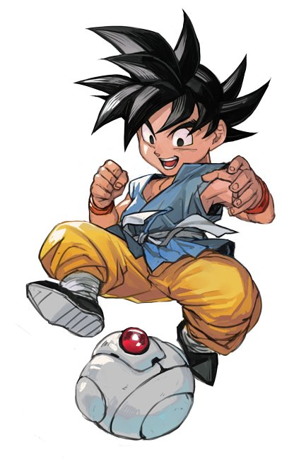 black_eyes black_hair dragon_ball dragon_ball_gt full_body giru_(dragon_ball) hankuri male_focus open_mouth simple_background smile son_gokuu white_background wristband