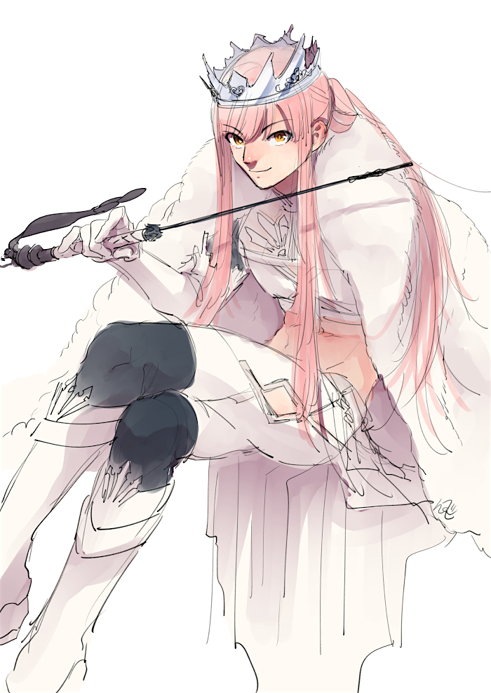 1boy cape crossed_legs fate/grand_order fate_(series) fur-trimmed_cape fur_trim genderswap genderswap_(ftm) gloves long_hair male_focus medb_(fate)_(all) medb_(fate/grand_order) midriff nishiyama_(whatsoy) pink_hair ponytail riding_crop sitting smile solo white_gloves yellow_eyes