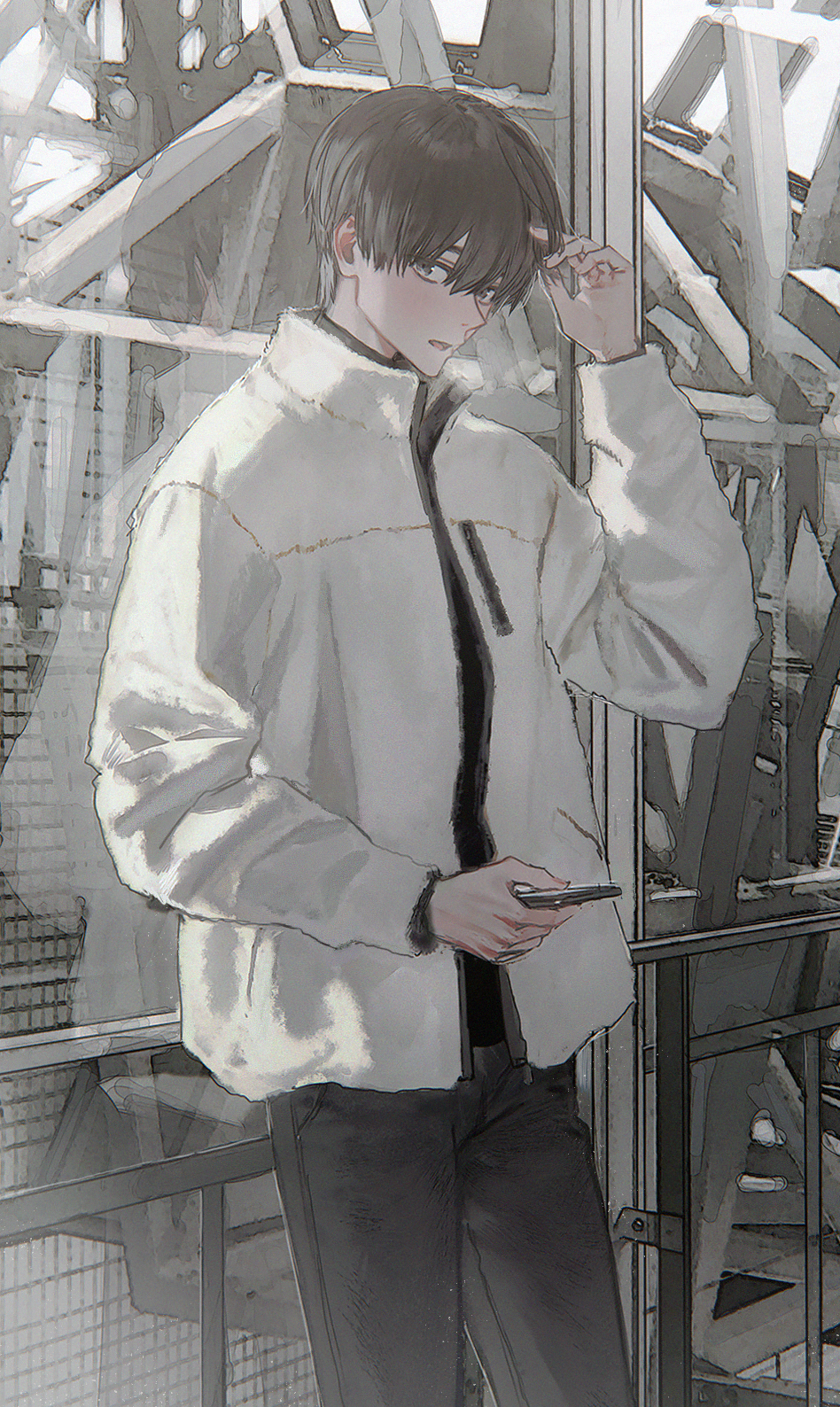 1boy black_pants black_shirt breath brown_hair grey_eyes hand_in_hair hand_up highres hirota_tsuu jacket long_sleeves looking_at_viewer male_focus original pants parted_lips shirt solo usuzumi_kei white_jacket