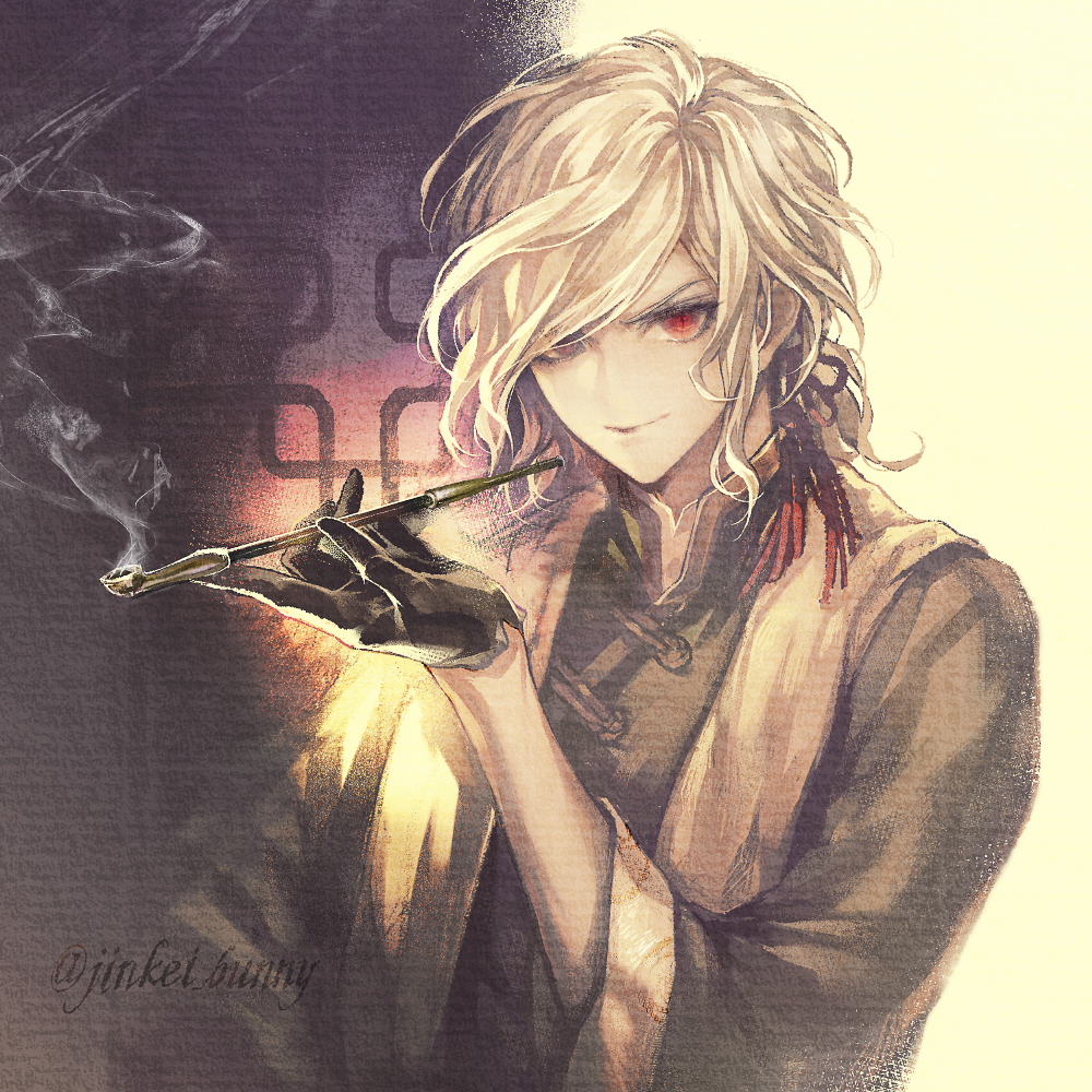 1boy black_gloves chinese_clothes edmond_dantes_(fate/grand_order) fate/grand_order fate_(series) gloves holding holding_pipe koshika_rina male_focus pipe red_eyes scarf silver_hair smoking solo stole white_hair
