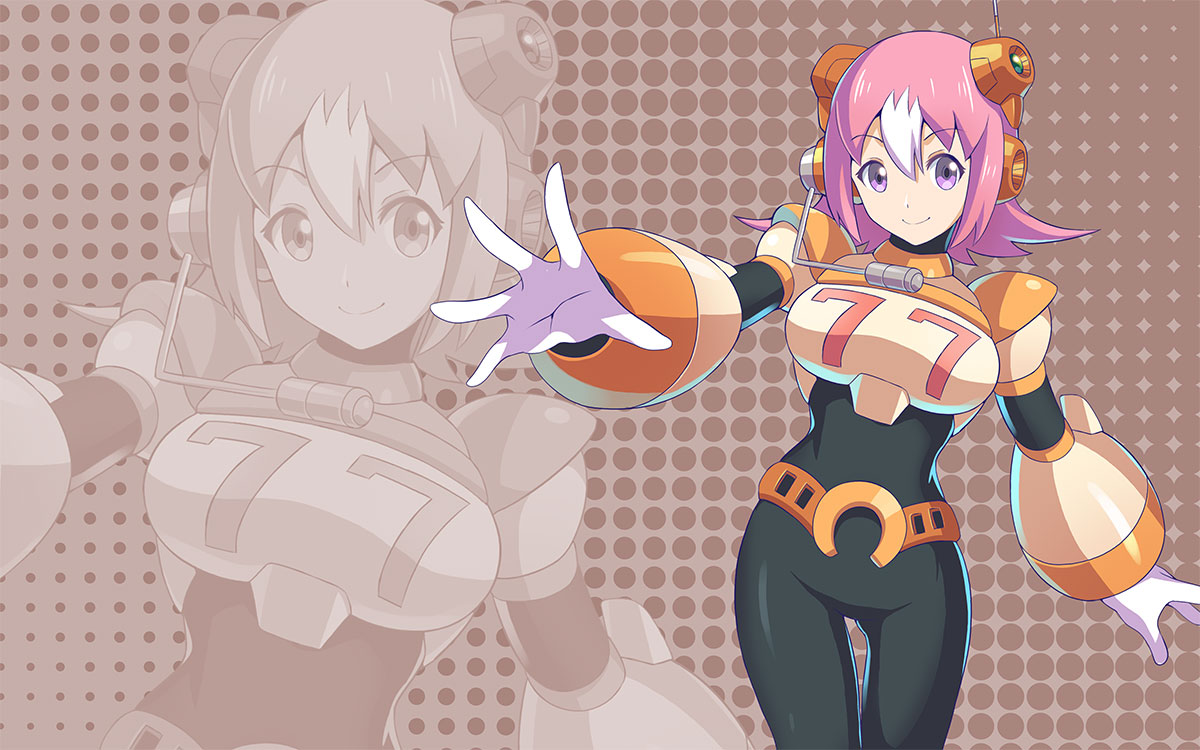1girl android breasts hair_between_eyes headset microphone multicolored_hair nana_(rockman) official_style outstretched_arm pink_hair robot_ears rockman rockman_x short_hair shoutaro_saito smile solo two-tone_hair violet_eyes wallpaper white_hair zoom_layer