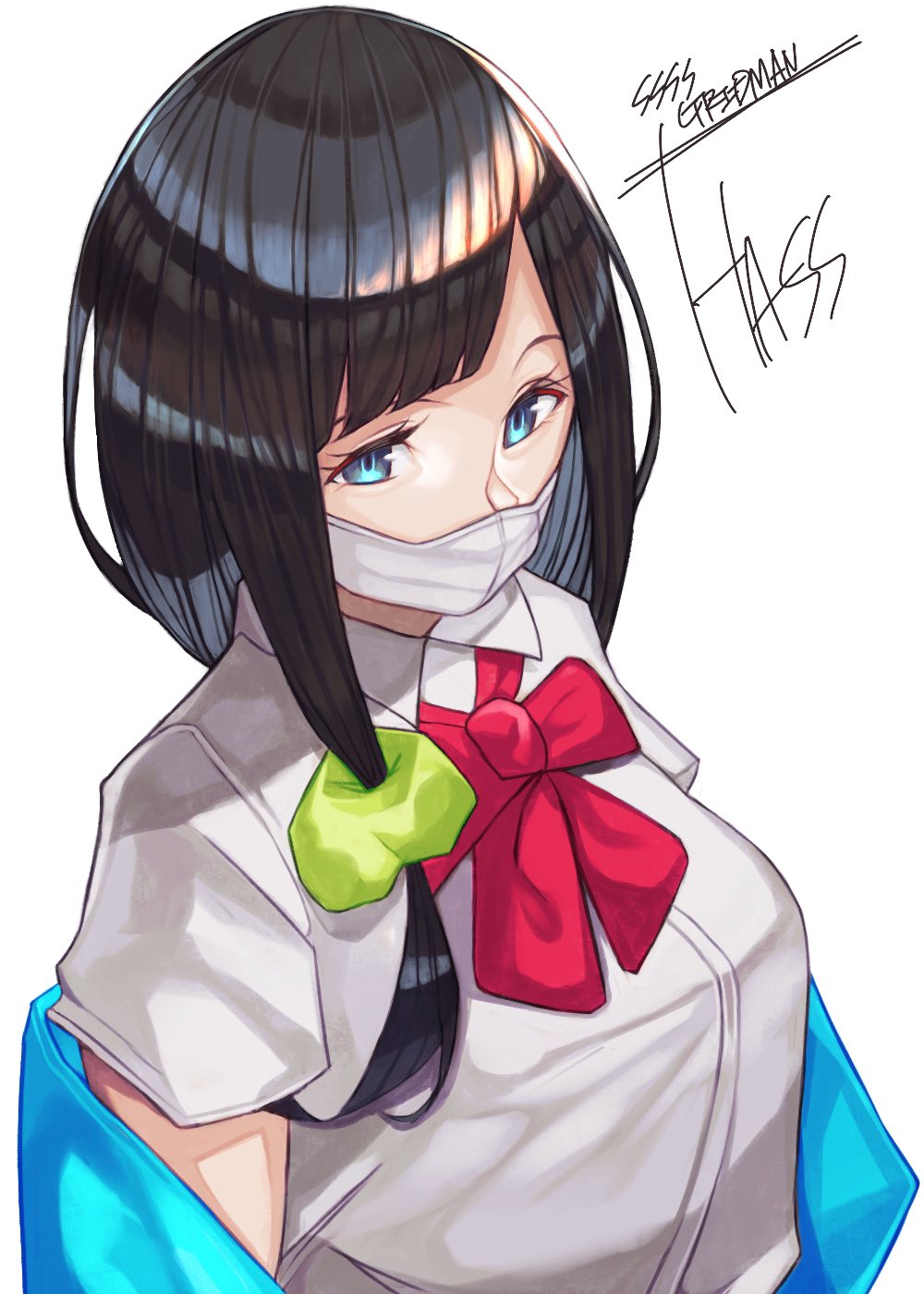 aqua_eyes black_hair blanket bow bowtie breasts character_name copyright_name from_above hassu highres long_hair looking_at_viewer low-tied_long_hair portrait red_neckwear school_uniform scrunchie shirt ssss.gridman surgical_mask wata92361217 white_shirt