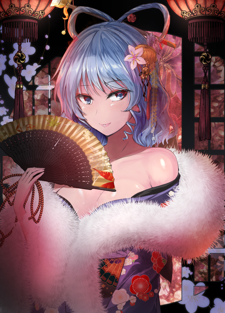 1girl alternate_costume bangs bare_shoulders blue_eyes blue_hair commentary_request drill_hair drill_locks eyebrows_visible_through_hair fan feather_boa floral_print folding_fan hair_ornament hair_rings hair_stick hand_up holding holding_fan kaku_seiga looking_at_viewer off_shoulder partial_commentary short_hair smile solo touhou upper_body y2