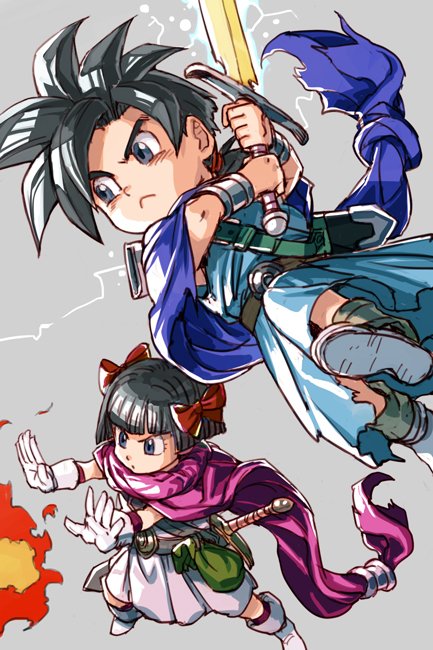 1boy 1girl black_hair bow brother_and_sister cape closed_mouth dragon_quest dragon_quest_v hair_bow hankuri hero's_daughter_(dq5) hero's_son_(dq5) short_hair siblings simple_background sword twins weapon
