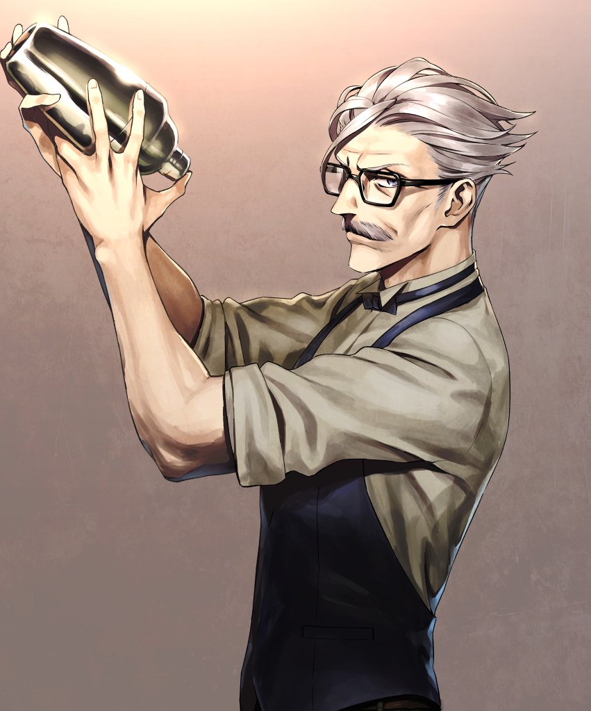 1boy apron bartender cocktail_shaker facial_hair fate/grand_order fate_(series) glasses grey_hair james_moriarty_(fate/grand_order) male_focus mustache nakuta old_man solo vest waistcoat