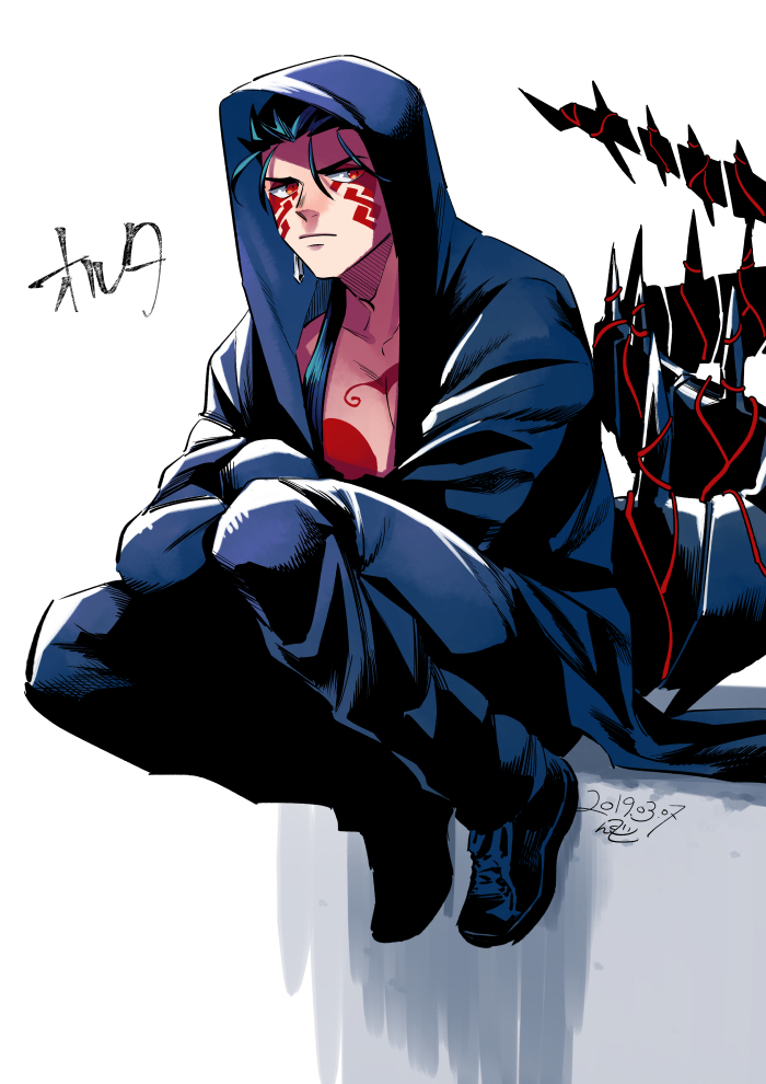 1boy blue_hair casual chest_tattoo cu_chulainn_(fate)_(all) cu_chulainn_alter_(fate/grand_order) dated facial_mark fate/grand_order fate_(series) hood hood_up hoodie long_hair male_focus nishiyama_(whatsoy) pants red_eyes shoes signature sneakers solo tail tattoo