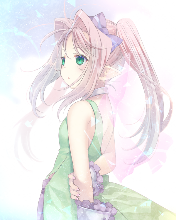 1girl bangs bow dress eyebrows_visible_through_hair floating_hair green_dress green_eyes hair_between_eyes hair_bow hair_intakes long_hair macross macross_7 mylene_jenius pink_hair pointy_ears purple_bow shiny shiny_hair shoulder_blades sleeveless sleeveless_dress solo soukuu_kizuna very_long_hair