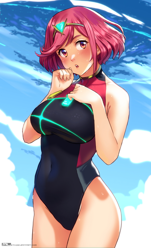 1girl bangs blue_sky blush breasts collarbone commentary covered_navel cowboy_shot english_commentary gem glowing pyra_(xenoblade) large_breasts mathias_leth multicolored multicolored_clothes multicolored_swimsuit neon_trim nose_blush one-piece_swimsuit pink_hair red_eyes reward_available skin_tight sky solo swept_bangs swimsuit tiara wet xenoblade_(series) xenoblade_2