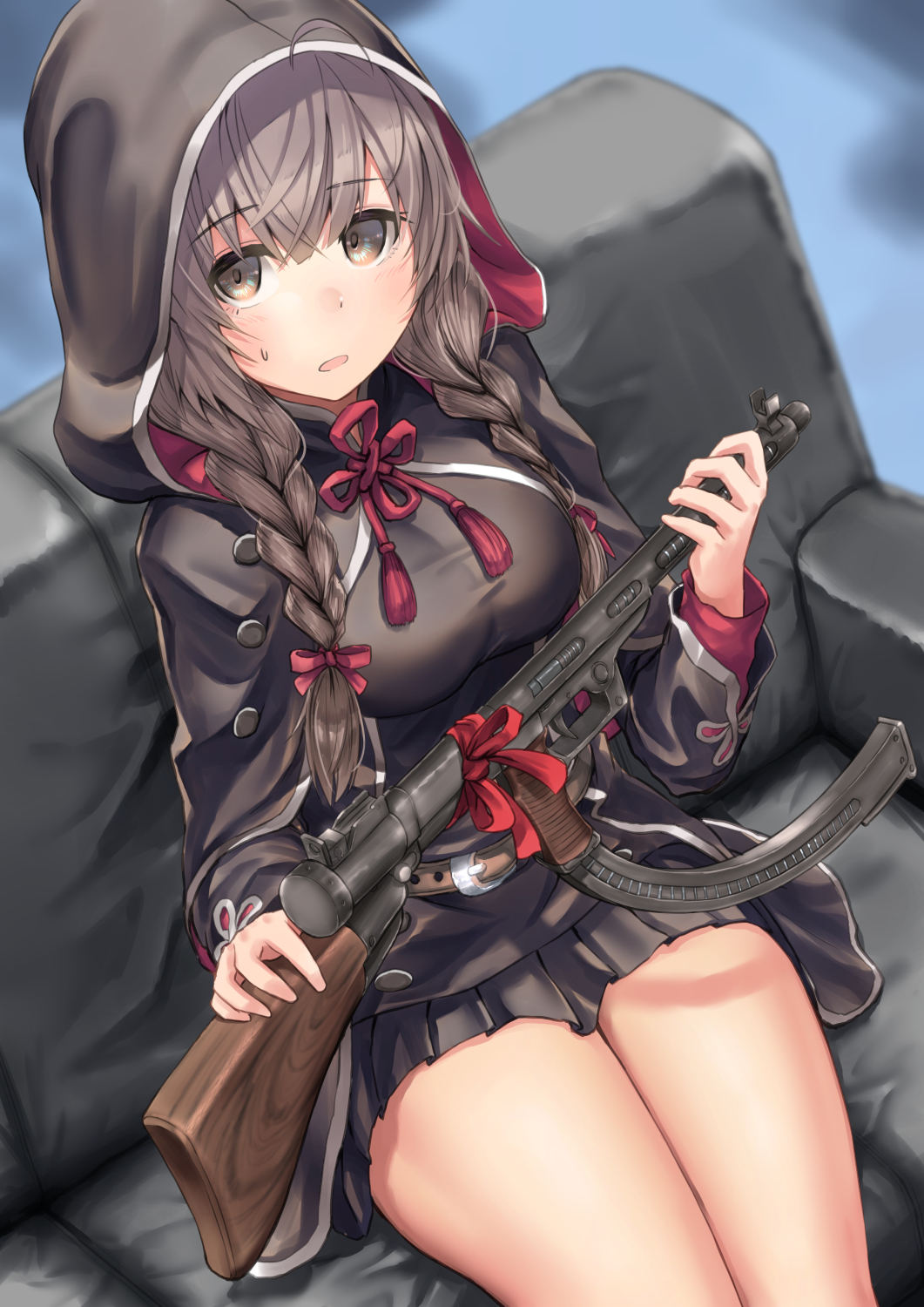 1girl ahoge arms_up bangs belt black_skirt blue_background braid breasts brown_eyes brown_hair buckle cloak commentary_request couch eyebrows_visible_through_hair gradient gradient_background gun hair_between_eyes highres holding holding_gun holding_weapon hood hood_up hooded_cloak impossible_clothes kantai_collection large_breasts long_sleeves looking_at_viewer machine_gun microskirt on_couch parted_lips pleated_skirt shinshuu_maru_(kantai_collection) sitting skirt solo sweatdrop thighs twin_braids weapon weapon_request zombie_mogura