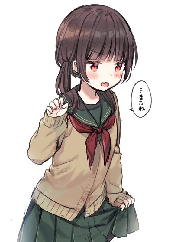 1girl bangs blush brown_cardigan brown_hair cardigan claw_pose commentary_request eyebrows_visible_through_hair fang green_sailor_collar green_skirt hand_up long_hair long_sleeves looking_away midorikawa_you neckerchief open_mouth original pleated_skirt red_eyes red_neckwear sailor_collar simple_background skirt skirt_hold sleeves_past_wrists solo translation_request twintails v-shaped_eyebrows white_background