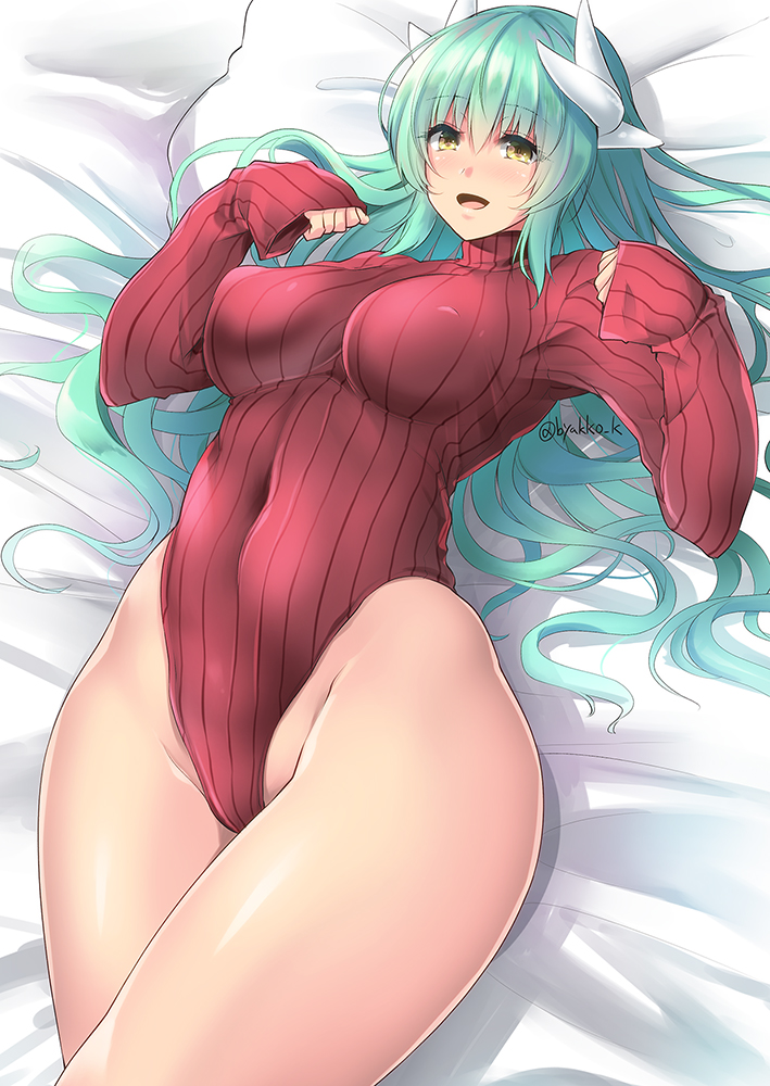 1girl alternate_costume aqua_hair breasts covered_navel dragon_girl dragon_horns fate/grand_order fate_(series) highleg highleg_leotard horns impossible_clothes impossible_leotard kirisaki_byakko kiyohime_(fate/grand_order) leotard long_sleeves lying medium_breasts meme_attire multiple_horns on_back red_leotard red_sweater ribbed_leotard solo sweater turtleneck turtleneck_leotard turtleneck_sweater uniqlo yellow_eyes