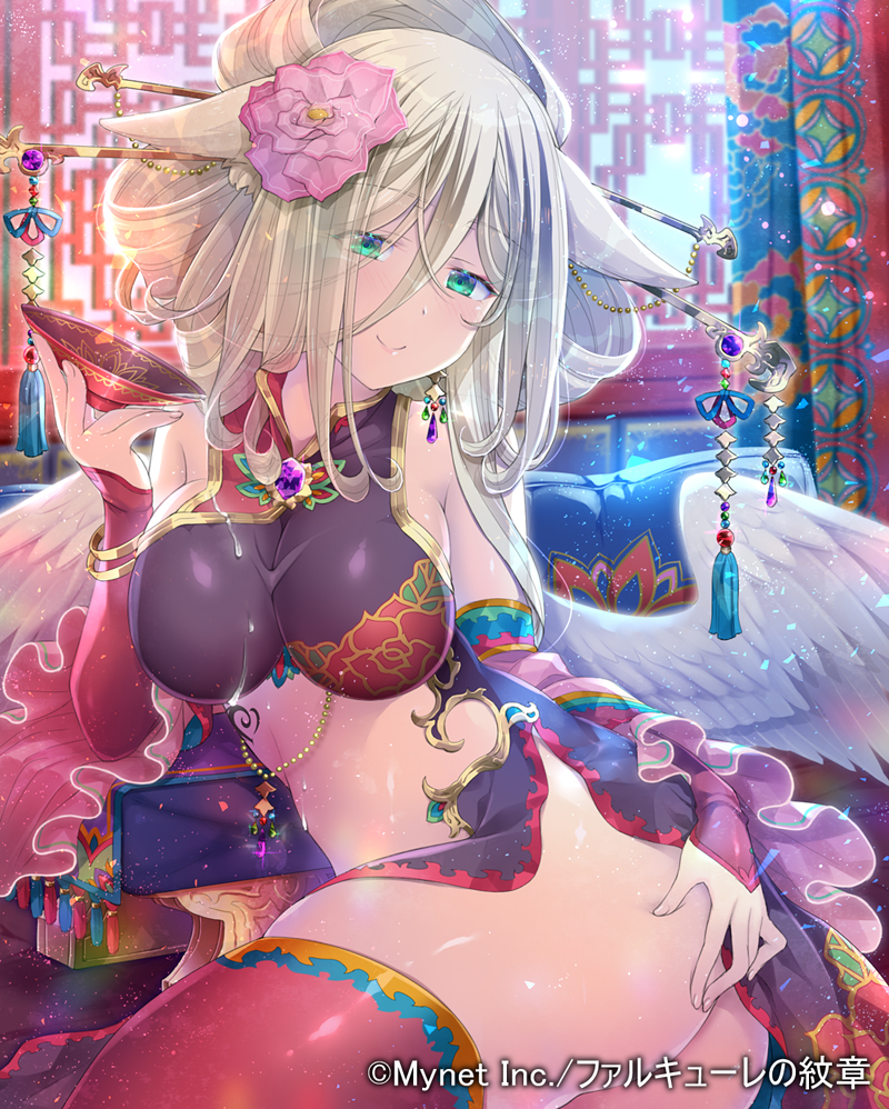 1girl angel_wings blonde_hair blurry blurry_background breasts breasts_apart cup detached_sleeves falkyrie_no_monshou feathered_wings flower hair_flower hair_ornament holding indoors long_hair long_sleeves looking_at_viewer medium_breasts pink_flower red_legwear red_sleeves sakazuki shiny shiny_hair shiny_legwear shiny_skin sideboob sitting solo soukuu_kizuna stomach thigh-highs white_wings wings