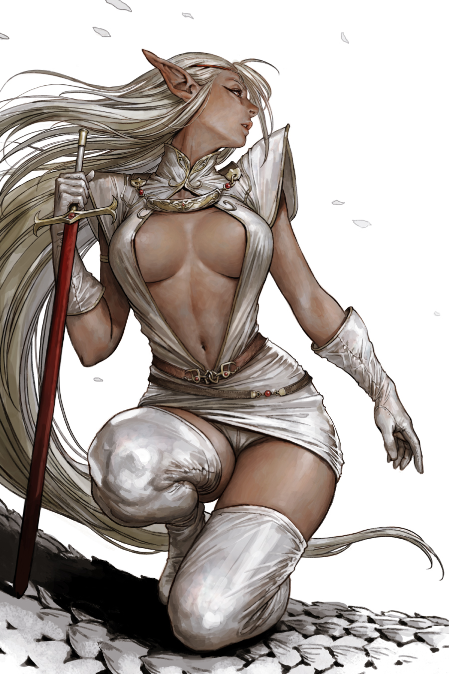 1girl boots breasts breasts_apart circlet dark_elf dark_skin elf gloves highres kyoung_hwan_kim long_hair long_pointy_ears looking_away looking_to_the_side navel one_knee panties pantyshot pirotess pointy_ears record_of_lodoss_war solo sword thigh-highs thigh_boots underwear very_long_hair weapon white_hair